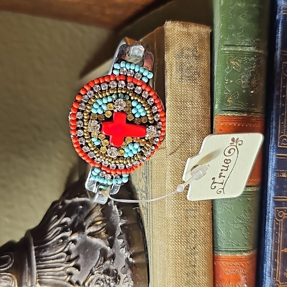 Southwestern Turquoise Coral Rhinestone Silver Cross Bracelet by True